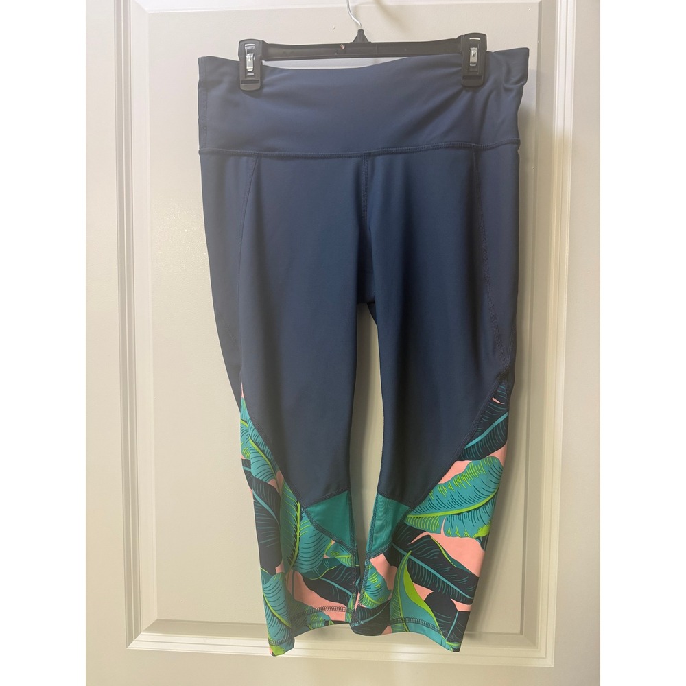 Xersion Womens Large Navy Tropical Palm Leaf Print Capri Athletic Leggings